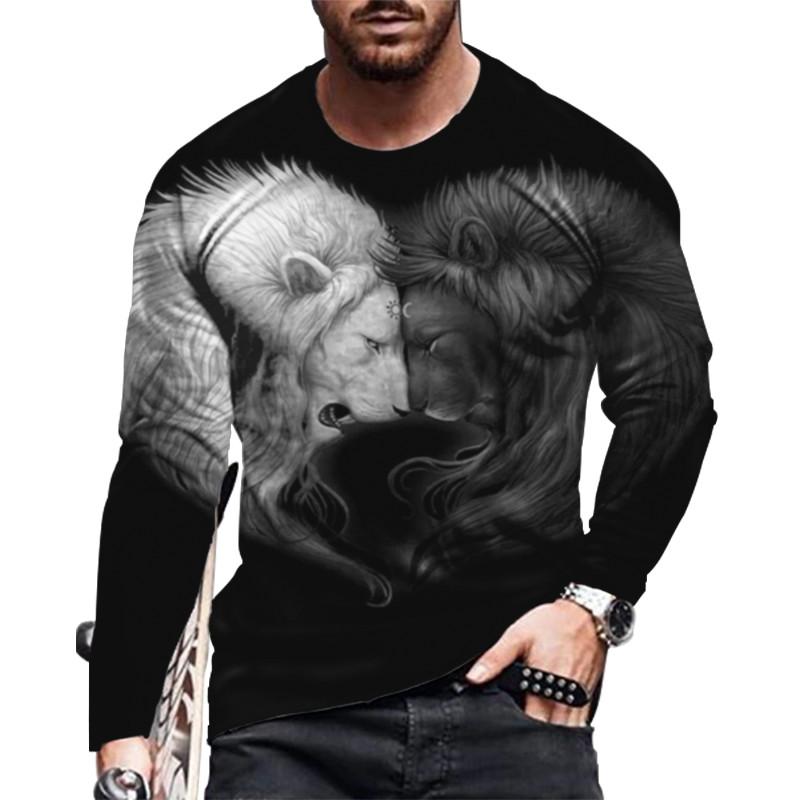 Camiseta Para Hombres Moda Gráfico Manga Corta Negro Blanco Leones Casual Camisa