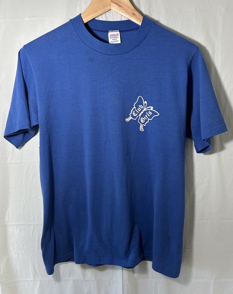 VINTAGE JERZEES 1980S CLUB GIRLS BUTTERFLY SINGLE STITCH BLUE SHIRT SZ M USED!