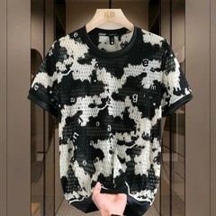 Men’s Textured Contrast Print T-Shirt Slim Fit Short Sleeve Streetwear Top