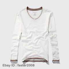 Hot Mens Long-Sleeved T-Shirts New Cotton V-Neck Solid Color Casual Slim Tops
