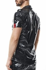 Men’s Black Shiny PVC Shirt Slim Fit Snap Button Stand Collar Top