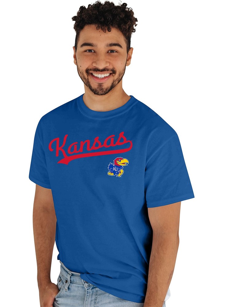 Blue 84 Mens Kansas Jayhawks T-Shirt Cursive Team Color Team Color Medium