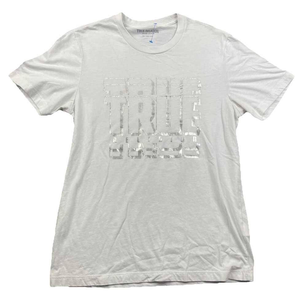 True Religion Brand Jeans White T Shirt White Metallic Silver Graphic Size S EUC