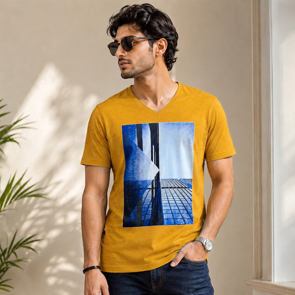 Mustard Yellow V-Neck T-Shirt Graphic Print Modern Everyday Wear- Size- L