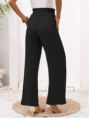 Women Wide Leg Lounge Pants Pockets High Waisted Adjustable Tie Knot Trousers