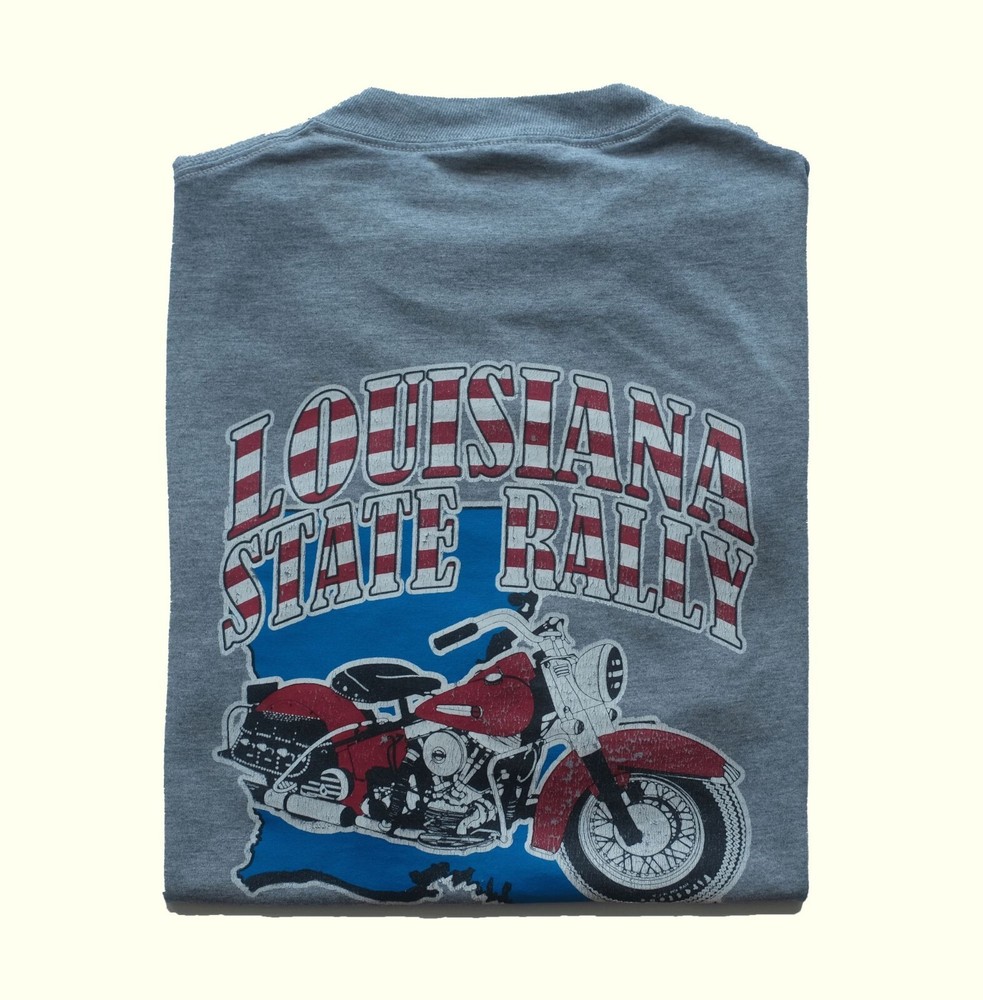 JERZEES VTG MOTORCYCLE BIKER LOUISIANA STATE RALLY DISTRESSED GRAY T SHIRT SZ
