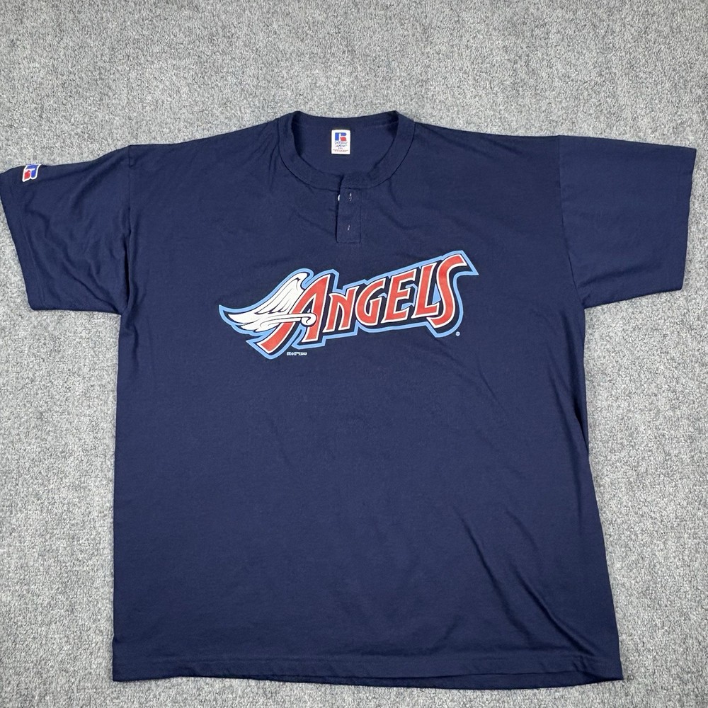 Vintage 2000 Russell Athletic Anaheim Angels Henley Jersey Shirt XXL Navy Blue