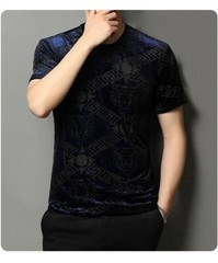 New Men Fashion Bronzing Flocking Trend Silky Velvet Summer Short Sleeve T-Shirt