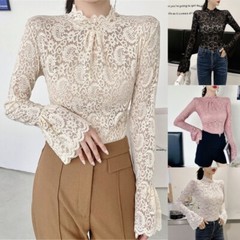 Women Long Sleeves Blouse Turtleneck T-shirt Stretch Lace Bottoming Tops