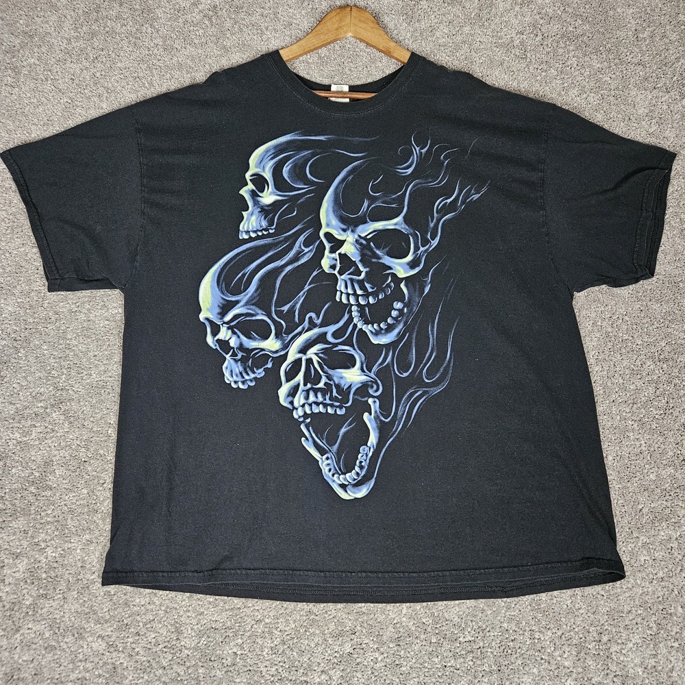 Vtg Skull T-Shirt Adult 3XL Black Tee Y2K Biker Skater Punk Horror Grunge Metal