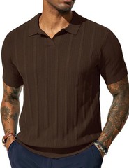 Mens V-Neck Knit Polo Shirt Textured Lightweight Breathable Summer Casual Top
