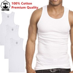 White Premium Men’s 100% Cotton Tank Top A-Shirt Wife-Beater Undershirt Ribbed