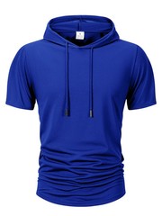 Men Summer Hoodie Short Sleeve Solid Color Loose Drawstring Pullover Top Casual