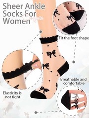 Womens Sheer Ankle Socks Polka Dot Bow Pattern 4 Pairs Black White