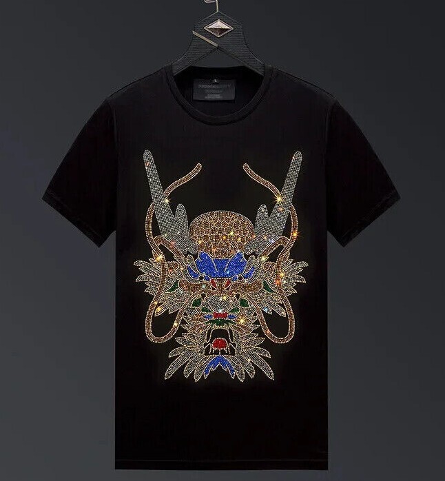 New Men Luxury Rhinestones Fashion Diamonds Black White T-Shirt High Quality
