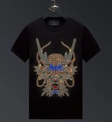 New Men Luxury Rhinestones Fashion Diamonds Black White T-Shirt High Quality