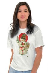 Snowman Merry Christmas Tree Winter Scene Womens Short Sleeve Crewneck Tee