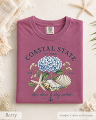Coastal State of Mind Shirt, Comfort Colors Hydrangea Seashell Beach Tee