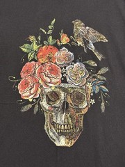 Vintage Skull Bird Flowers Mens Black Graphic T Shirt Size L (SEE PHOTOS) EUC