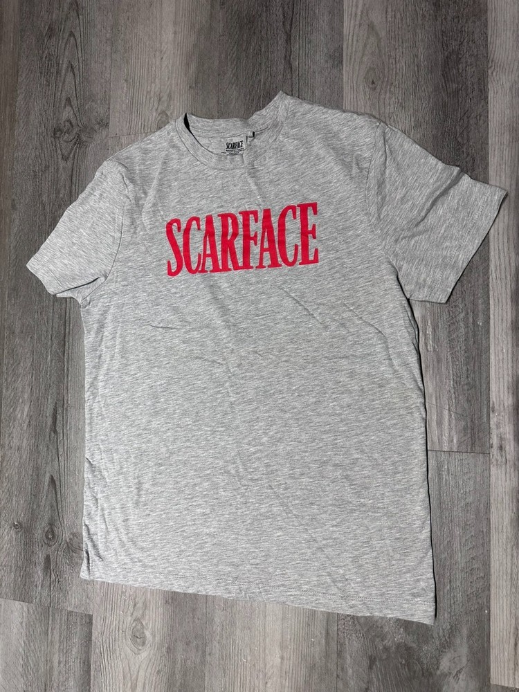 Men’s Scarface Casual Graphic T-Shirt Grey/Red Text Logo Tee – L (Youth)