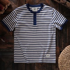 American Tough Guy Style Henry Collar Striped Washed Cotton Short Sleeved Shirt