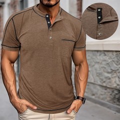 Men Short Sleeve Solid Half Open Collar T-shirt Button Pullover Casual Tee