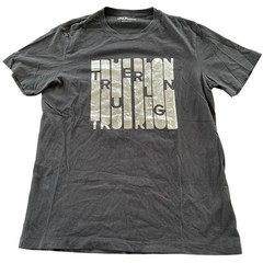 True Religion Metallic Screen Print T-Shirt Black Silver Sz MED Cotton