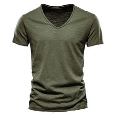 2025 Brand Quality 100% Cotton Men T-shirt V-neck Fashion Design Slim Fit Soild
