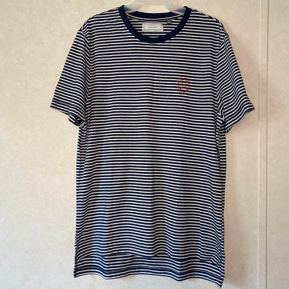 Five Four Mens Round Neck Short Sleeve T Shirt Gray and Blue Stripes Size Medium