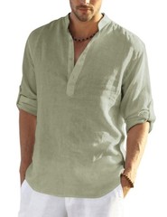 Men’s Cotton Hemp Long Sleeve Casual Beach Henley Shirt(LIGHT GREEN,S)