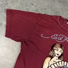 Ed Hardy T Shirt Mens Large Burgandy Y2K Grunge Sexy Lady Distressed Preowned