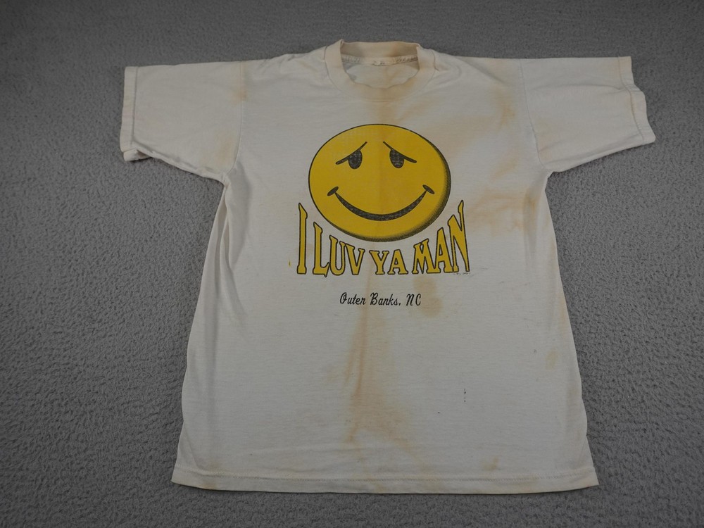 Vintage Outer Banks NC Shirt Mens Small Beige 90s I Luv Ya Man Smiley Face