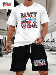 Fashion American Flag Graphic Print T-Shirt Shorts 2-Piece Set Casual Men’S USA