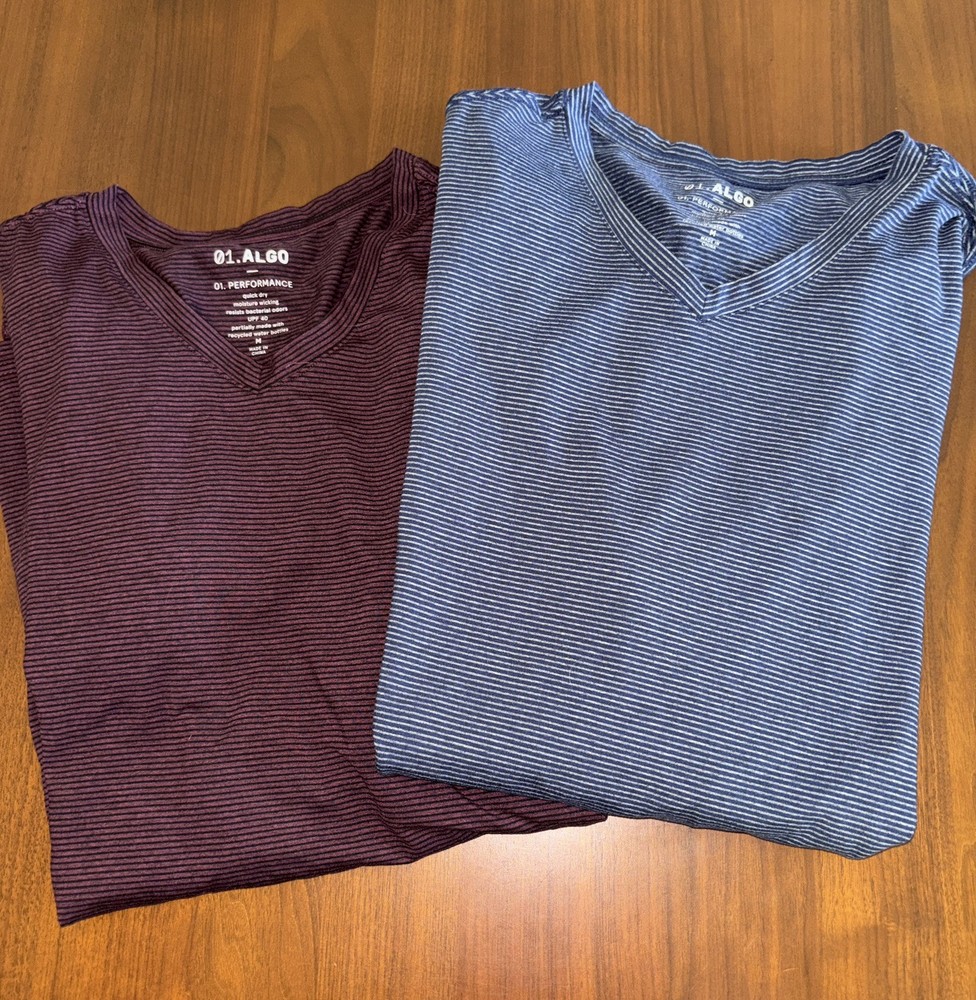 01.Algo Men’s M T-Shirt set of 2 stripe V-neck UPF 40+ Performance Recycle