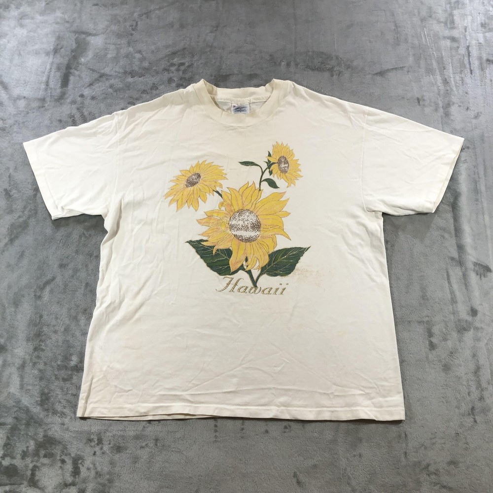 Vintage Hanes Beefy-T Shirt Mens XL White Hawaii Sunflower Graphic Tee USA