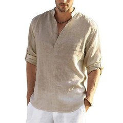 Men’s Cotton Linen Henley Long Sleeve Shirt Casual Beach T-shirt Tee Summer Gift