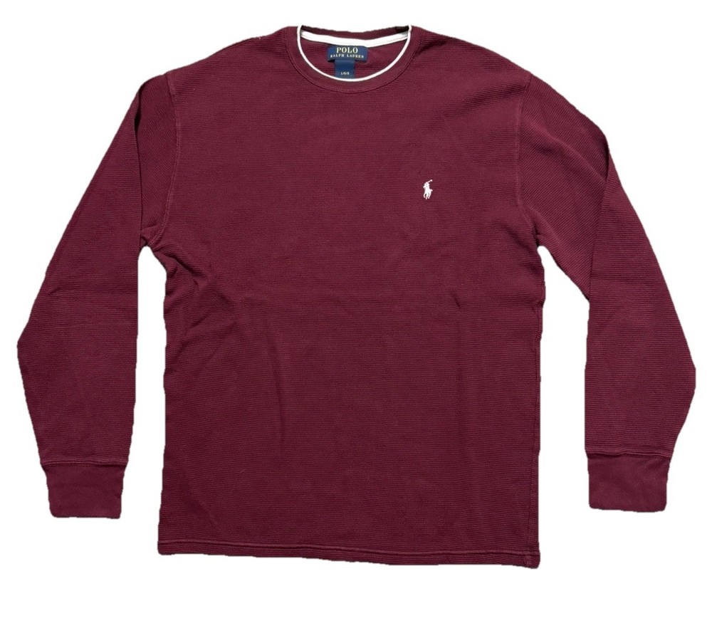 Polo Ralph Lauren Mens Large Shirt Waffle Knit Thermal T Maroon L/S Pull on Logo