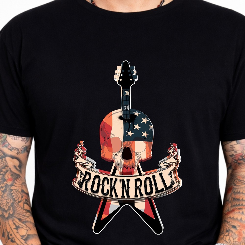 Rock N Roll Skull Guitar Tee American Flag Music Band Rock Punk Graphic T-Shirt.