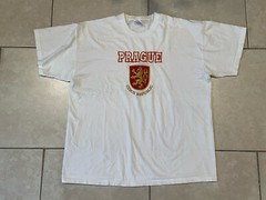 VTG 90s Prague Czech Republic Men’s Shirt XL White Embroidered Coat Of Arms