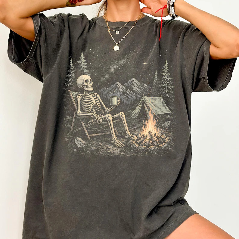 Relaxed Skeleton Camping Under Stars Comfort Tee Outdoors Nature Spooky