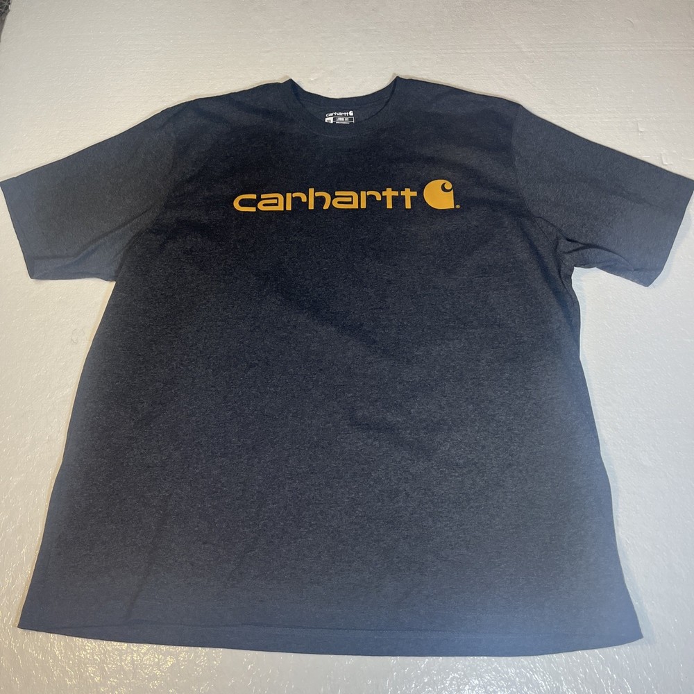 Carhartt Shirt Mens 2XL Gray Yellow Spell Out Tee Work Wear Outdoors Loose Fit