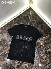 New Fashion Trend Rhinestone Summer Short Sleeve Luxury Men Cotton Black T-Shirt