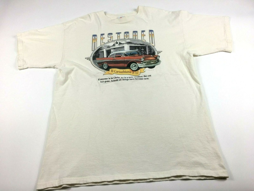 Vintage HL Miller Mens XL Restored Classic Car Biblical Saying Graphic Print Tee