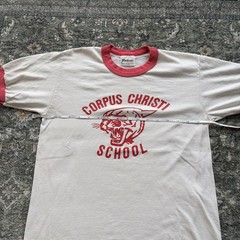 Vtg 80s Corpus Christi Cougar Ringer T Shirt Paper Thin White Red Mens Medium