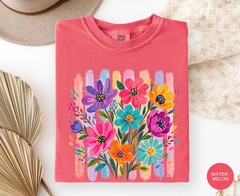 Colorful Floral Graphic Tee Hand Painted Flower Shirt Sea Foam Comfort Colors