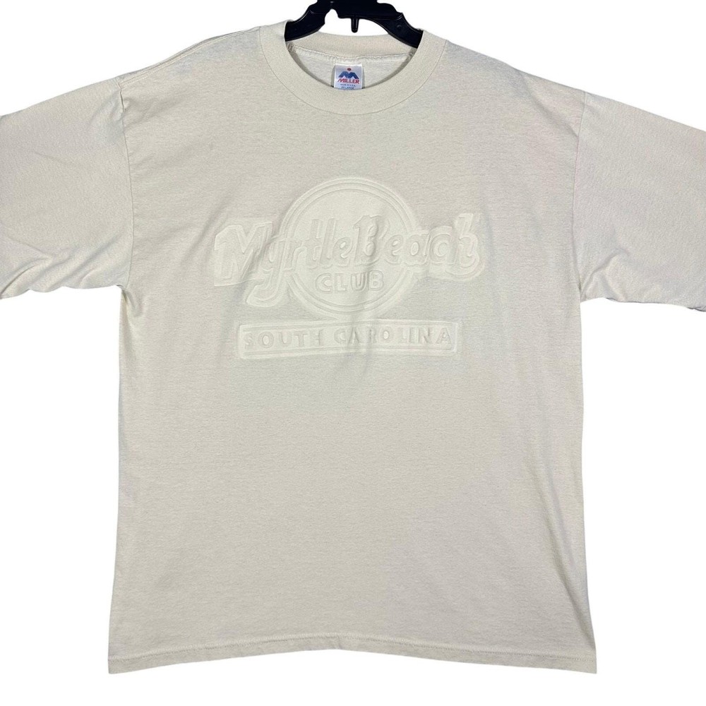 VINTAGE 90s Myrtle Beach Club Puff Print T-Shirt Mens XXL Cream Made in USA
