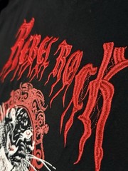 black cotton t-shirt features a bold red embroidered panther graphic Size Small
