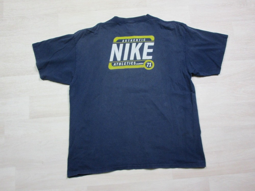 VTG 90s Nike T-Shirt Mens (L/XL) Athletics 71′ Spellout Logo Distressed Y2K Blue