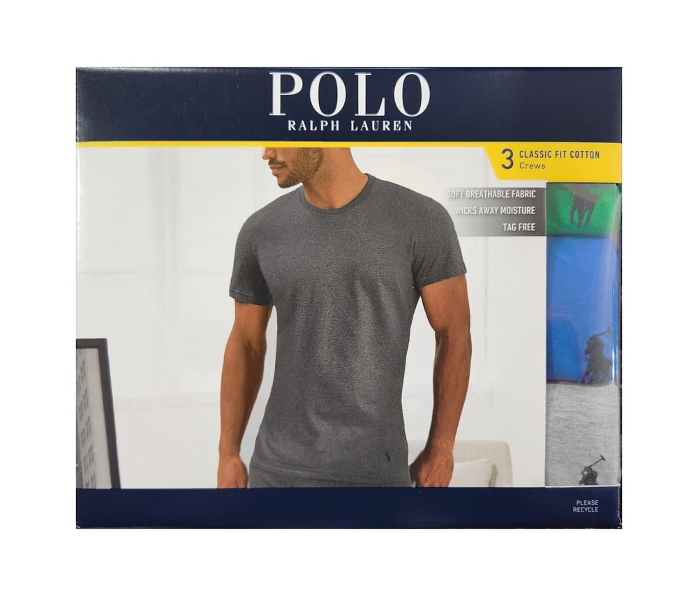 Polo Ralph Lauren Men’s Green-Blue-Gray Classic Fit Crew-Neck 3 Pack T-Shirt