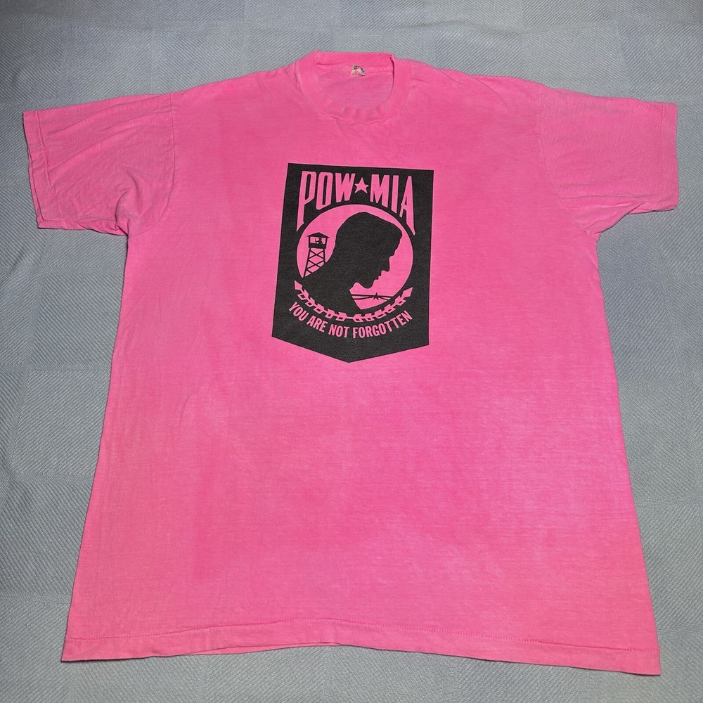 Vintage 1980s POW MIA You Are Not Forgotten Pink Screen Stars T-Shirt Size 3XL